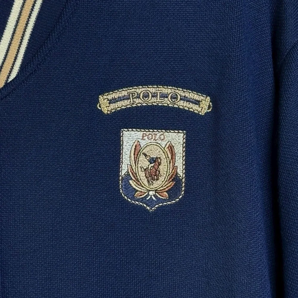 Vtg “Polo” Varsity Cardigan Sweater Size 40 = Large Navy Blue Equestrian Prep - Picture 4 of 8